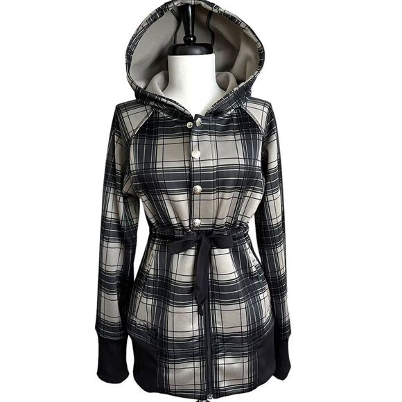 Burton Dry Ride Plaid Tie Waist Fleece Jacket M Gorpcore Hooded Ski Trail Grunge - Picture 1 of 15